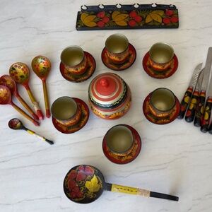 Khokhlama  set of Hand painted lacquered wooden spoons, knifes, cups, plates